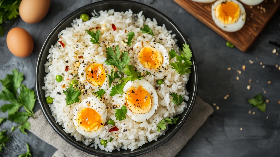 Bowl of white rice garnished with halved soft-boiled eggs, fresh cilantro, peas, and ground pepper