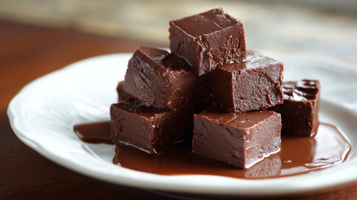Stacked cubes of glossy chocolate fudge melting slightly on a white plate