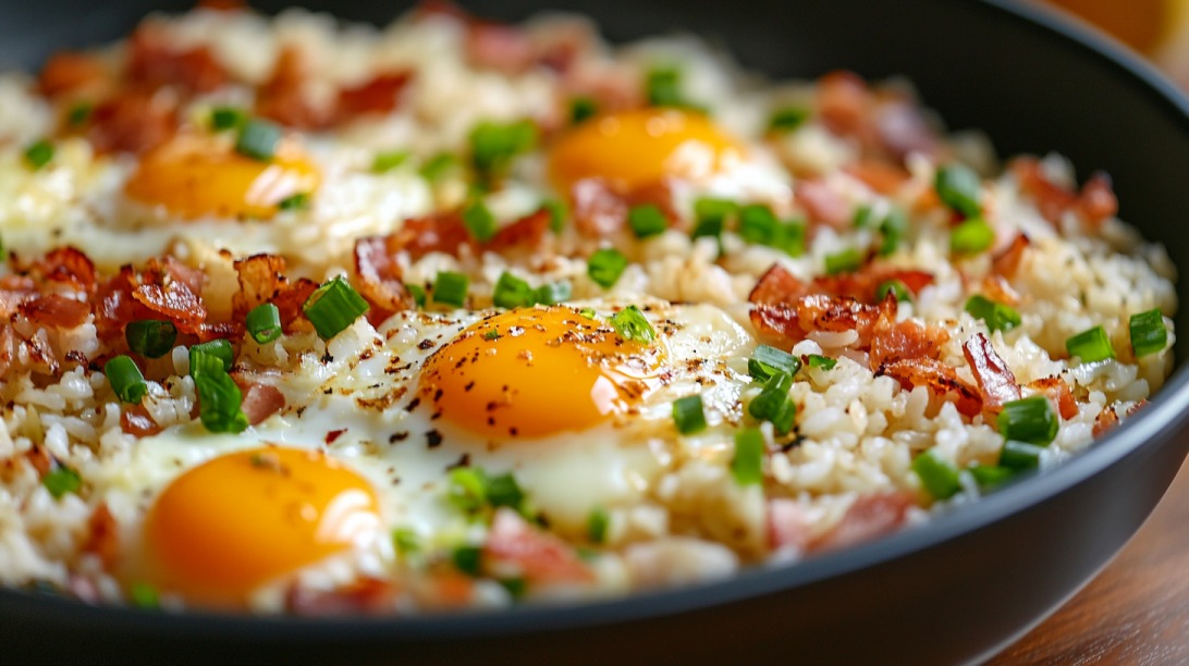 Fried rice topped with sunny-side up eggs, crispy bacon bits, chopped green onions, and black pepper