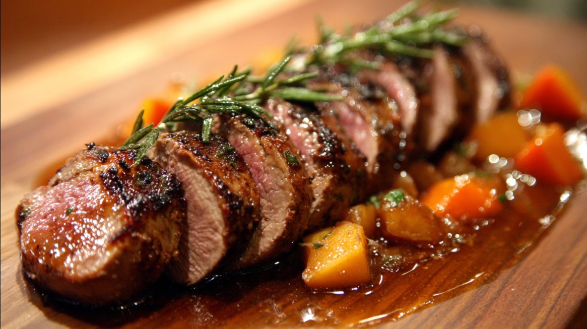 Sliced five-spice pork tenderloin topped with herbs, served with glazed apple and carrot compote on a wooden platter