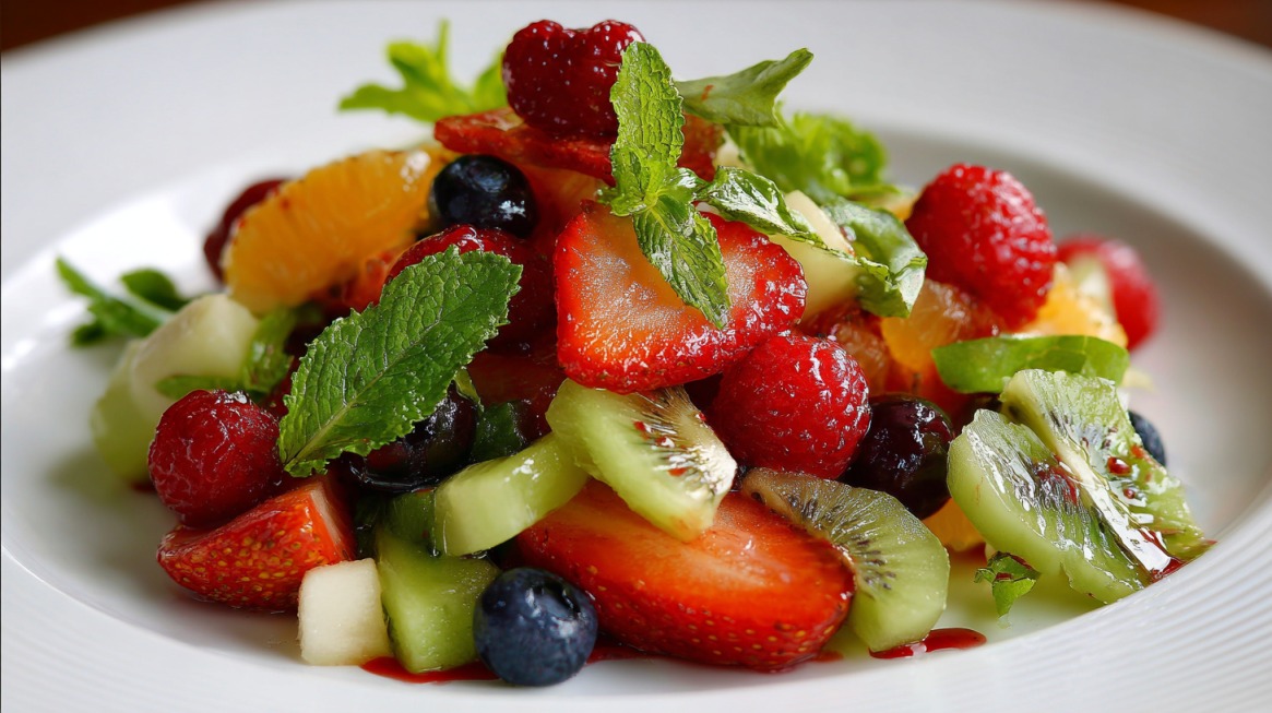 A vibrant fruit salad featuring strawberries, kiwi, blueberries, raspberries, orange slices, and fresh mint on a white plate