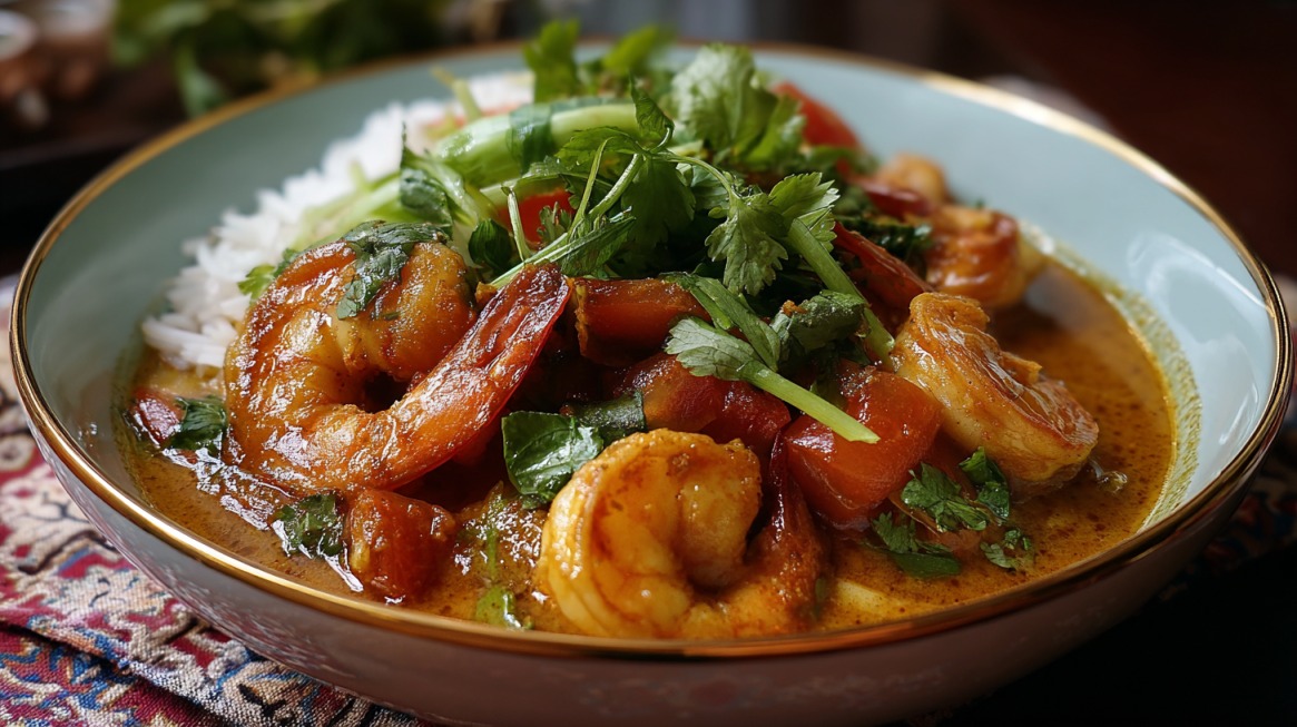 Bowl of ginger shrimp curry with shrimp, carrots, fresh herbs, and white rice in a flavorful golden broth