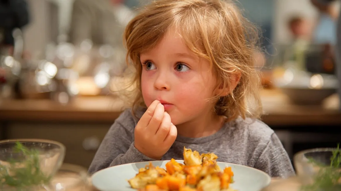 Young child eating a plate of roasted vegetables at the dinner table