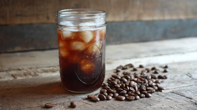 A mason jar filled with iced cold brew coffee sits beside scattered coffee beans on a rustic wooden table