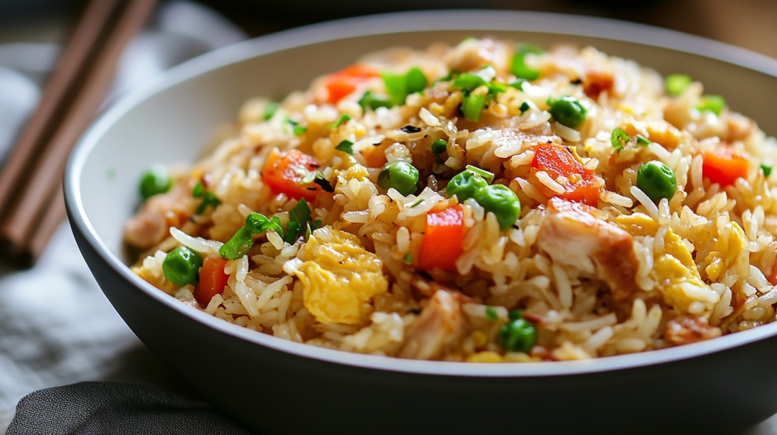 Bowl of chicken fried rice with diced carrots, peas, scrambled eggs, and green onions