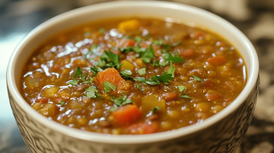 Close-up of lentil soup with visible diced carrots, tomatoes, and fresh chopped herbs on top