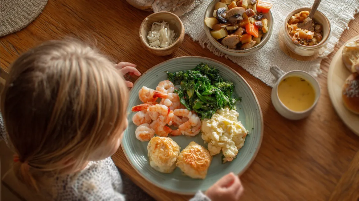 Child sitting at a table with a plate of shrimp, leafy greens, scrambled eggs, and biscuits surrounded by side dishes