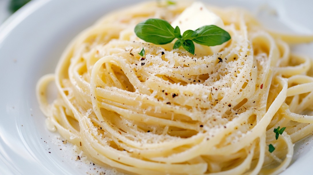 Close-up of buttered spaghetti topped with grated Parmesan cheese, black pepper, and a fresh basil garnish