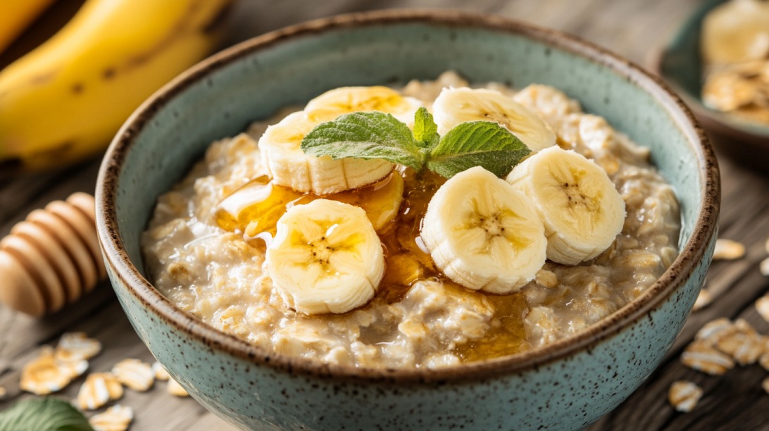 Bowl of oatmeal topped with banana slices, honey drizzle, and a mint garnish