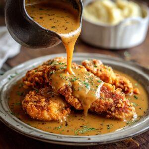 A close-up of a ladle pouring rich brown Popeyes Cajun gravy over several pieces of crispy fried chicken on a metal plate
