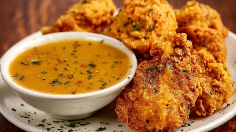 Close-up of fried chicken and a bowl of gravy, ready to eat