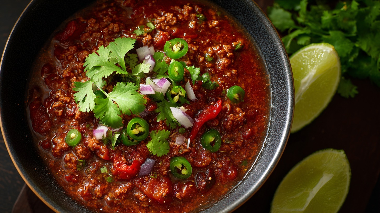 Close-up of a hearty bowl of primal chili topped with cilantro, sliced jalapeรฑos, and diced red onions
