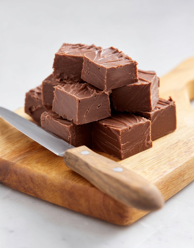 Stack of sliced chocolate fudge pieces on a wooden cutting board with a knife