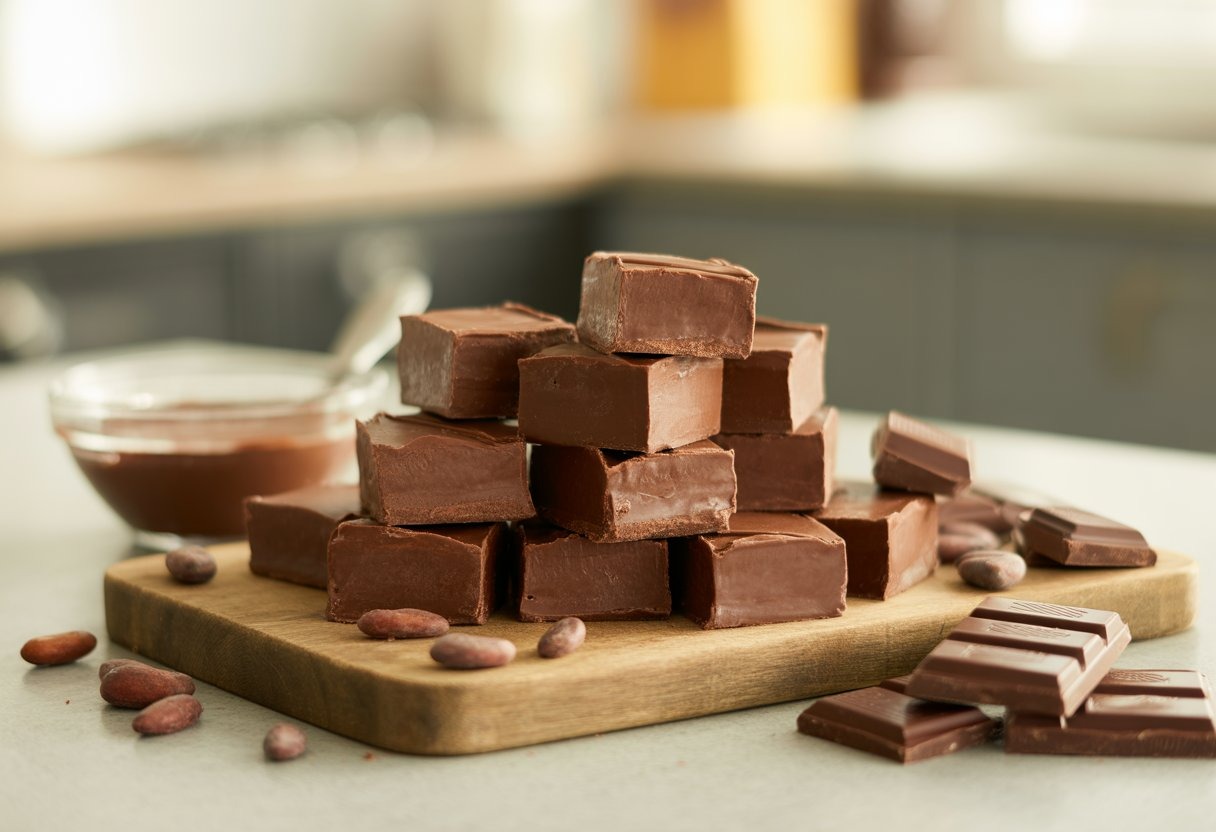 A stack of homemade chocolate fudge pieces on a wooden board, surrounded by cocoa beans and chocolate bars in a kitchen setting