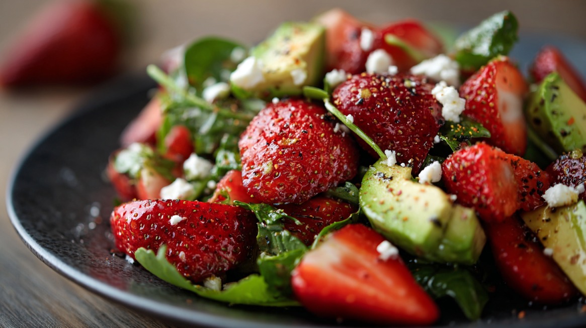 Close-up of a colorful salad with strawberries, avocado slices, spinach, and crumbled feta cheese
