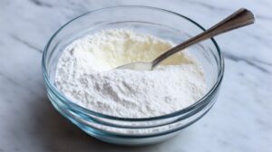 Close-up of a bowl of white powder, used for thickening gravy