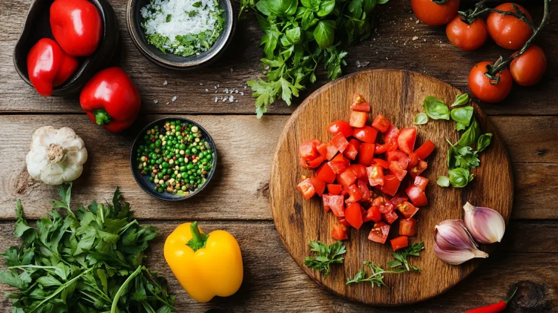 Chopped tomatoes on a wooden cutting board surrounded by herbs, garlic, bell peppers, spices, and whole tomatoes