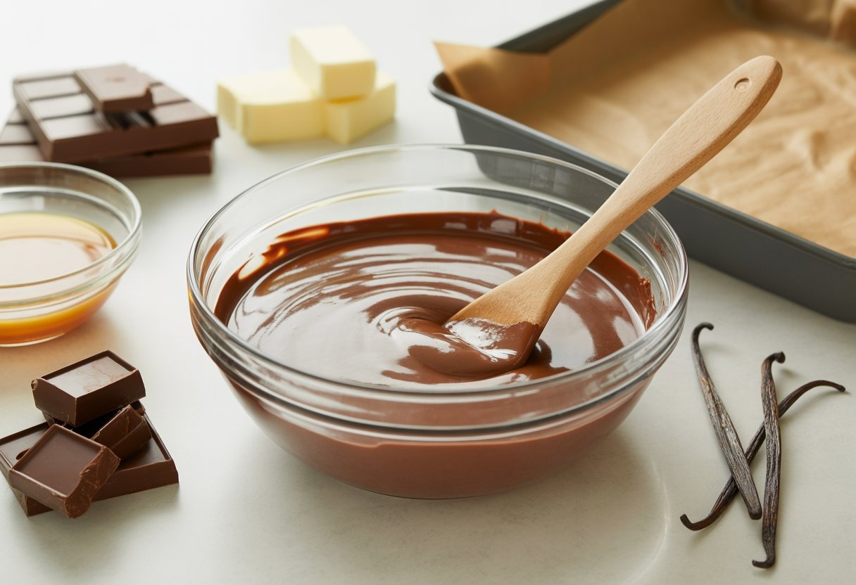 A glass bowl of melted chocolate mixture with a wooden spoon, surrounded by chocolate pieces, vanilla beans, butter, and a parchment-lined pan
