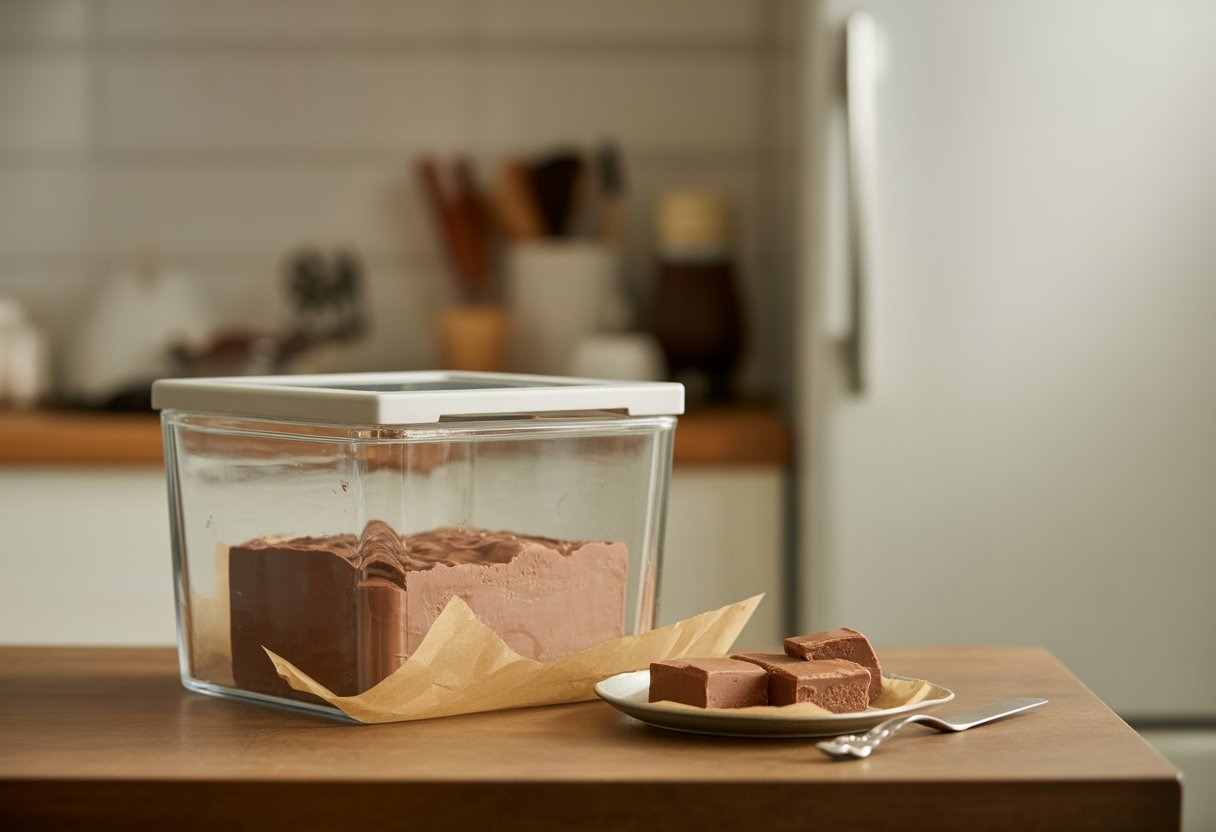 Chocolate fudge in a glass container lined with parchment paper and several pieces on a plate beside it