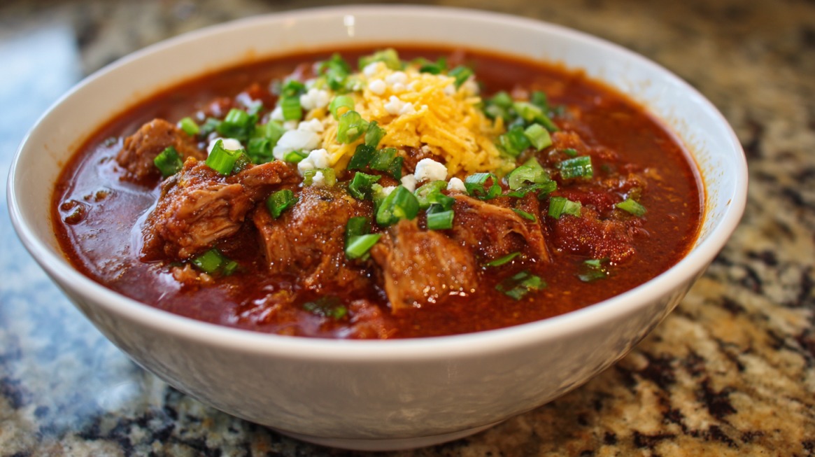Bowl of primal chili with shredded pork ribs, garnished with shredded cheese, goat cheese crumbles, and chopped green onions