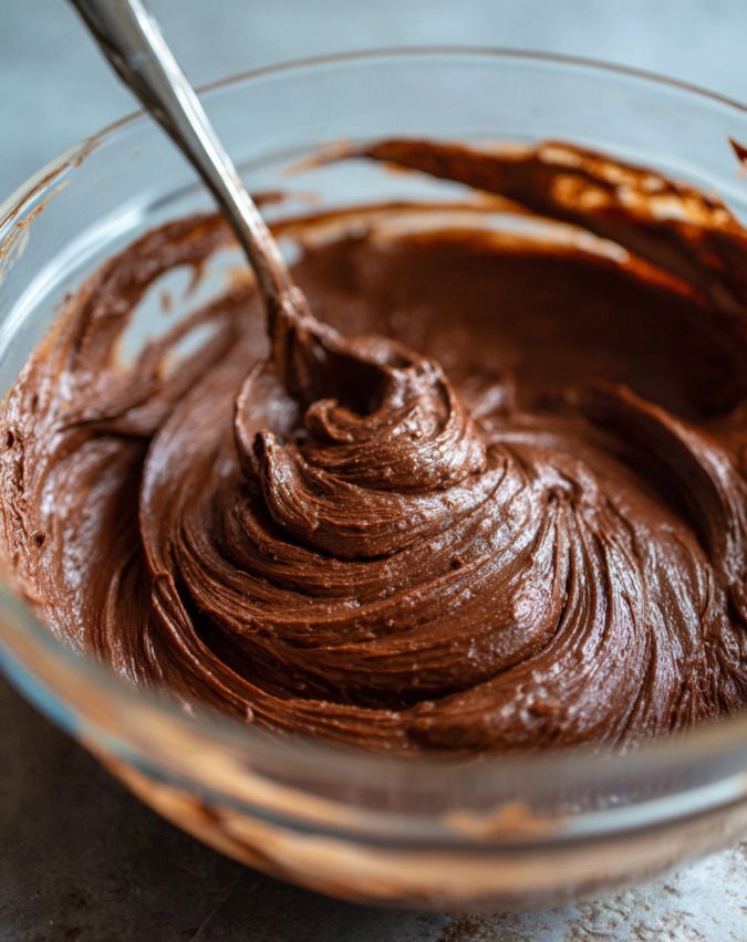 Glass bowl filled with thick, melted chocolate fudge being stirred