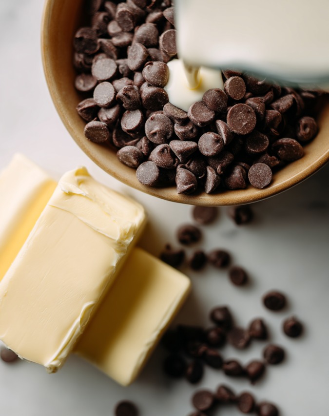 Chocolate chips in a bowl being mixed with condensed milk and butter on the side