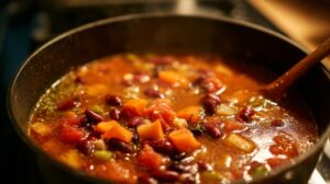 Chili simmering in a pot, filled with beans, tomatoes, and vegetables, with a wooden spoon stirring the mixture