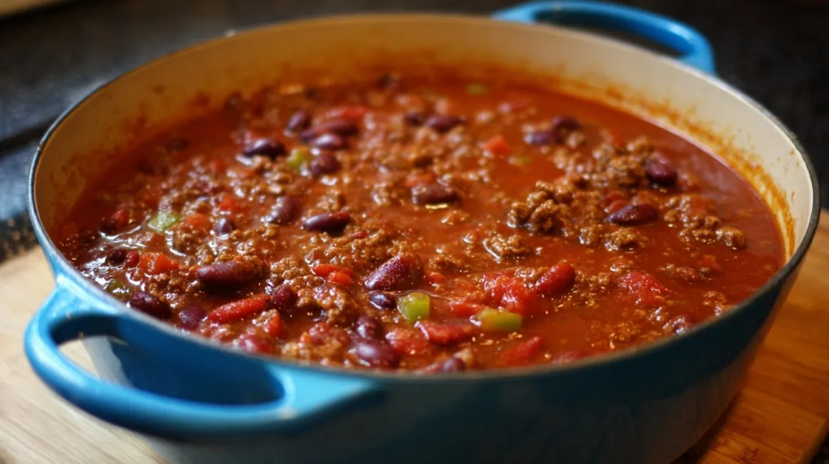 A large blue Dutch oven filled with thick chili made of ground beef, kidney beans, diced tomatoes, and green bell peppers