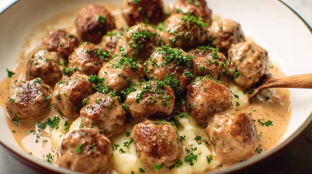 Swedish meatballs in creamy brown sauce, topped with parsley over mashed potatoes
