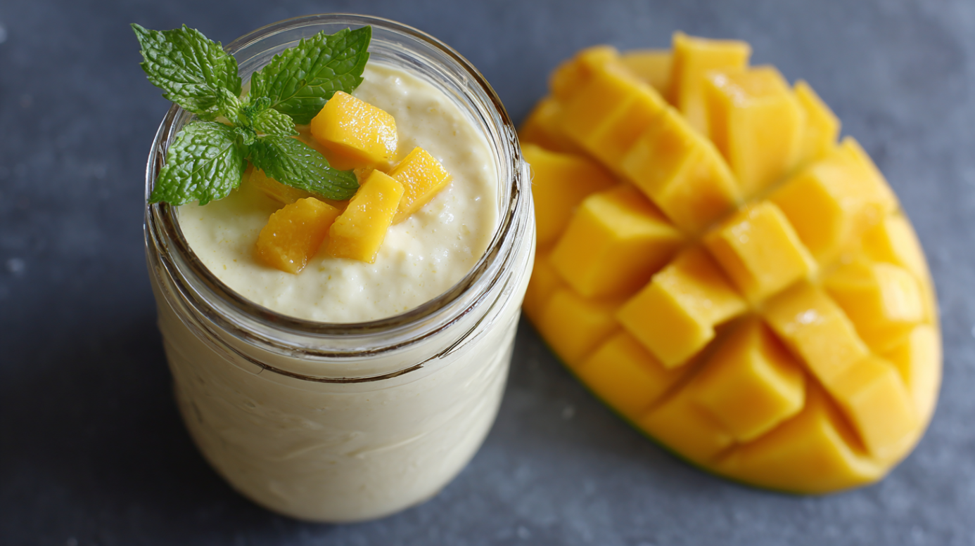 A mason jar filled with mango Greek yogurt shake is topped with diced mango and mint, with a halved mango beside it