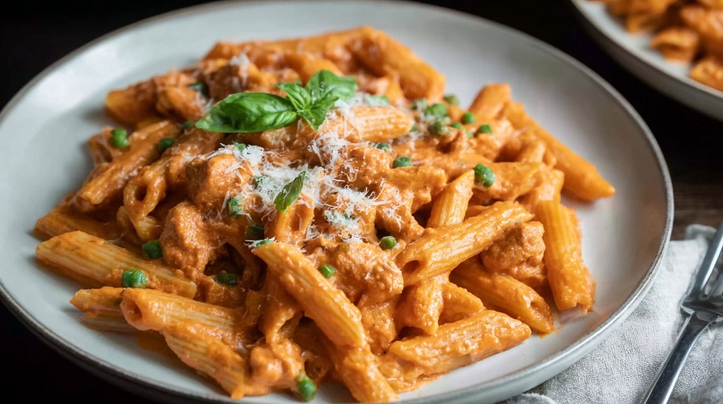 Penne pasta coated in creamy vodka sauce with green peas, grated cheese, and fresh basil on top