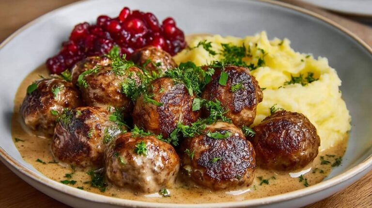 Traditional Swedish meatballs with buttery mashed potatoes and tangy lingonberry sauce