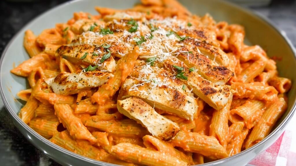 Bowl of penne pasta with grilled chicken in creamy vodka sauce, garnished with fresh herbs and grated cheese