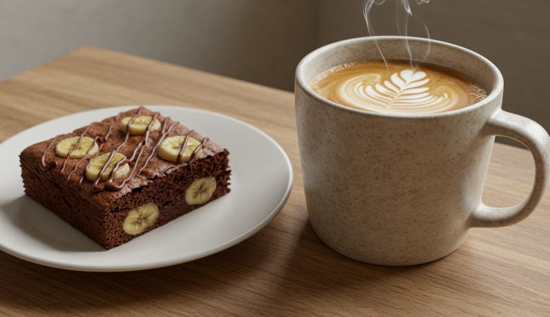 Steaming latte art in a speckled, light beige mug, paired with a piece of chocolate banana brownie