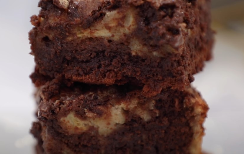 Close-up view of a double-layered brownie