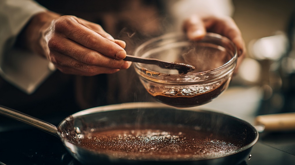 Close up of a chef gently stirring chocolate mousse mixture over a pan of warm water to fix grainy texture