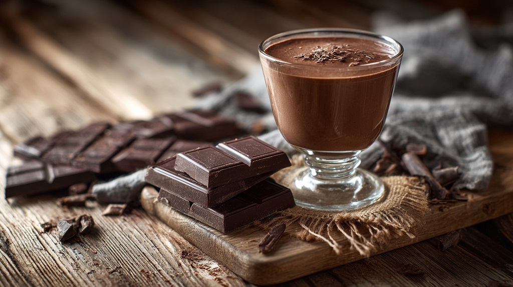 Glass of chocolate mousse made with milk chocolate, surrounded by milk chocolate bars and semi sweet dark chocolate pieces