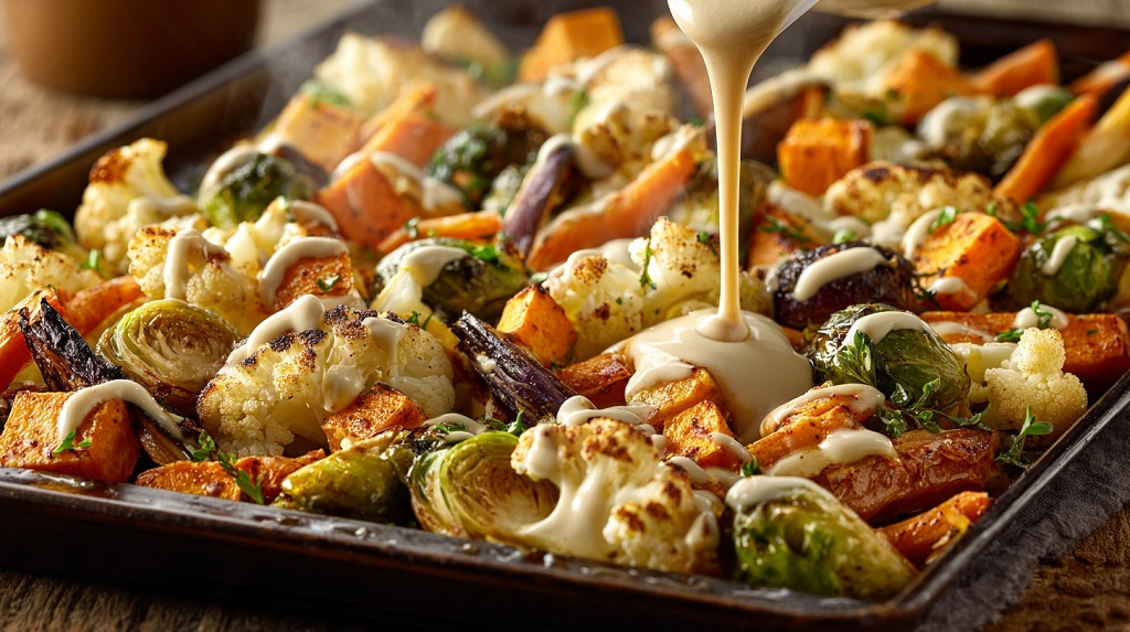 Roasted vegetables served with tahini lemon sauce