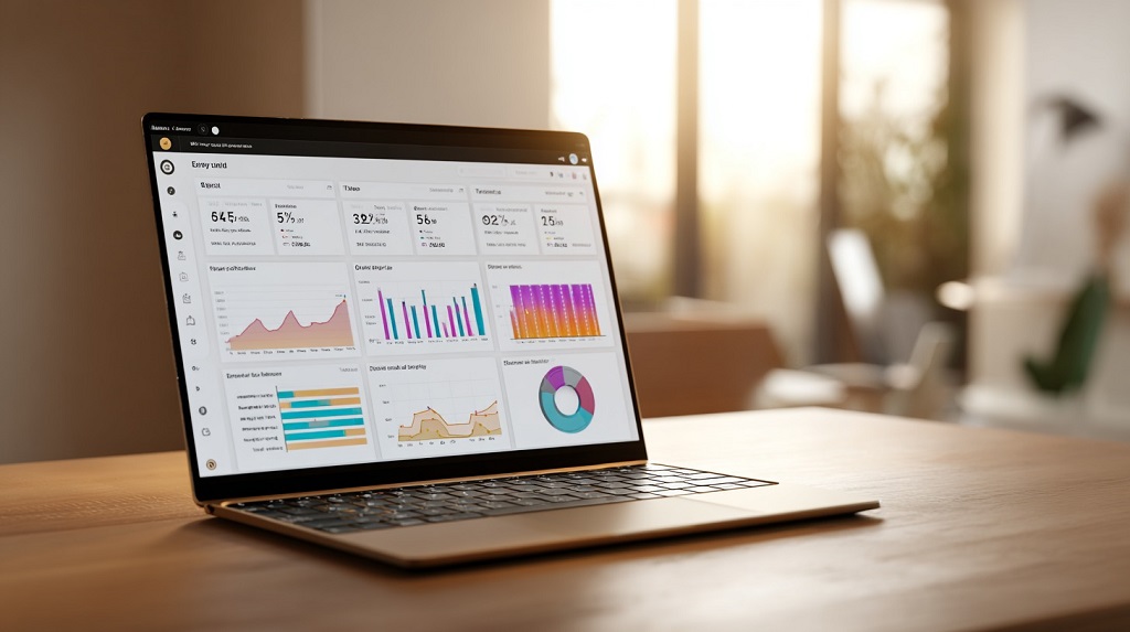 A laptop displaying customer analytics dashboards and engagement metrics on a wooden desk in a bright restaurant office