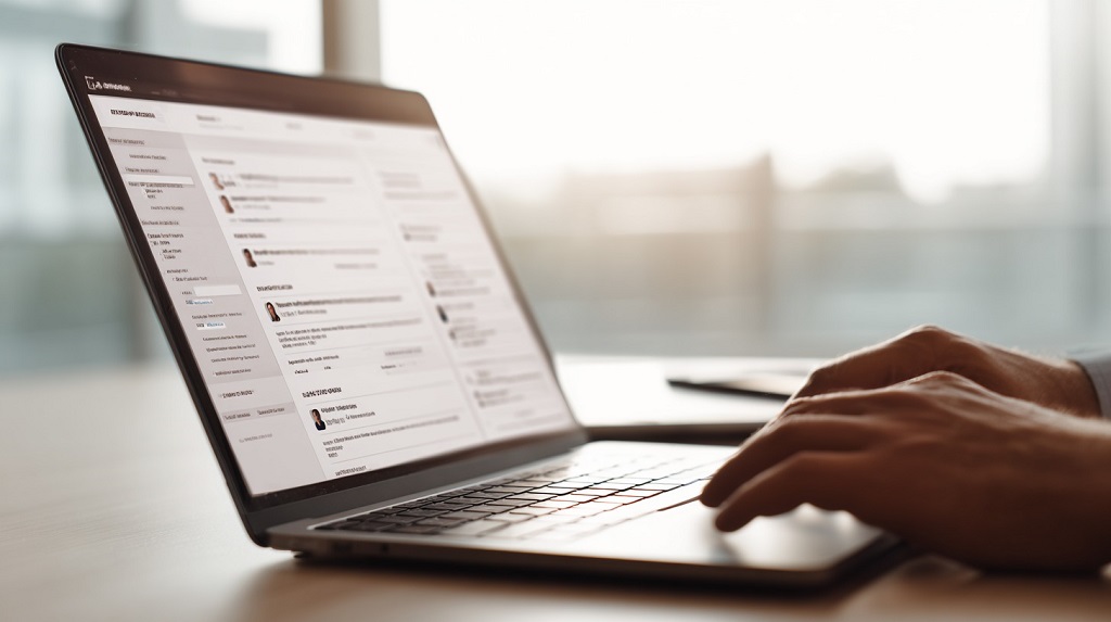 A laptop displaying an applicant tracking dashboard while a person types, with sunlight filtering through a modern office space