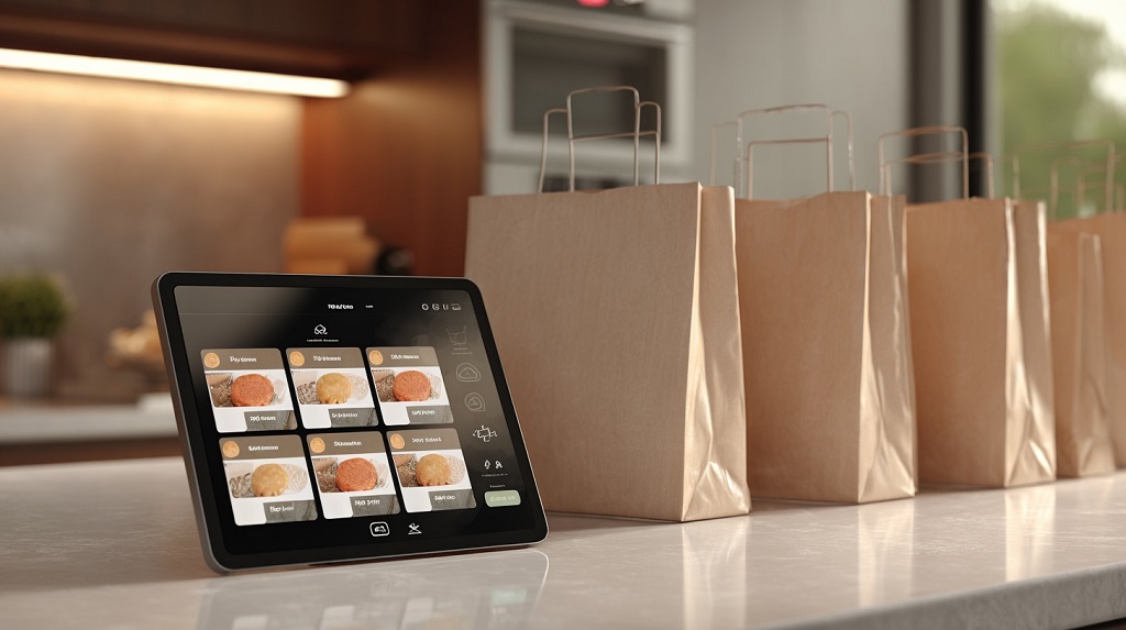 A tablet on a restaurant counter showing a grid of menu items, with multiple paper takeout bags lined up in the background