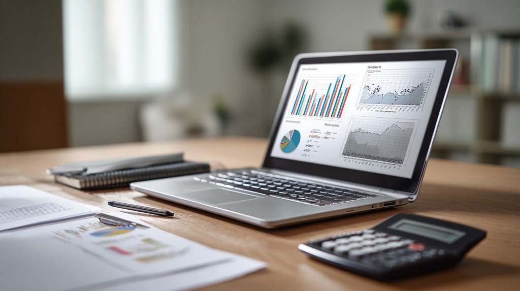 A laptop with financial charts and business reports open on the screen, placed on a desk with documents, notebooks, and a calculator