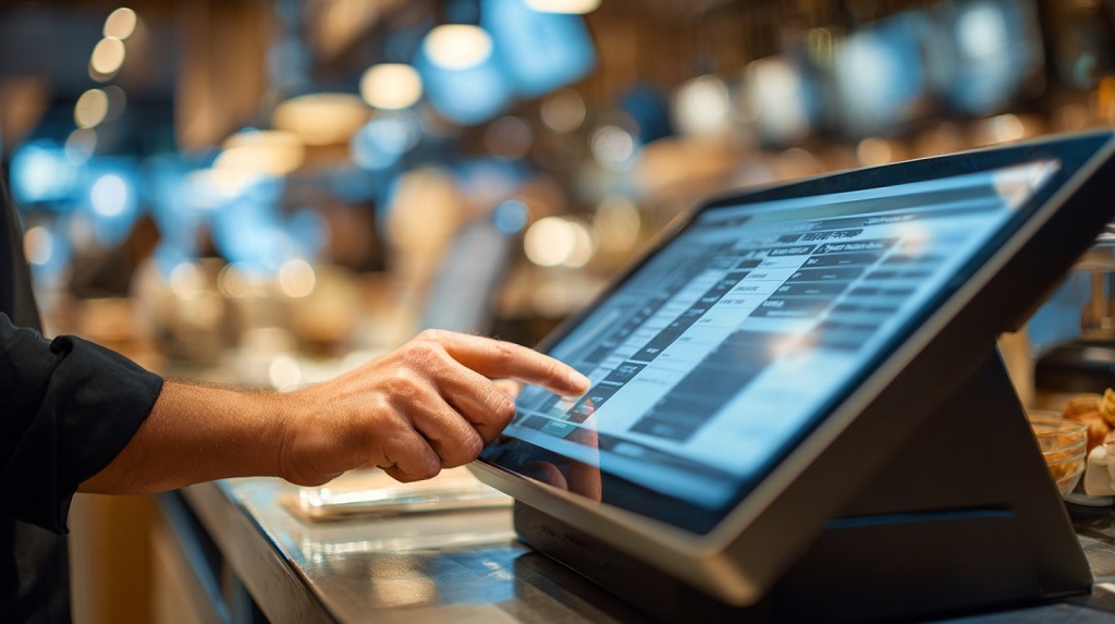 A restaurant employee using a touchscreen POS terminal, with the bar and kitchen area blurred in the background